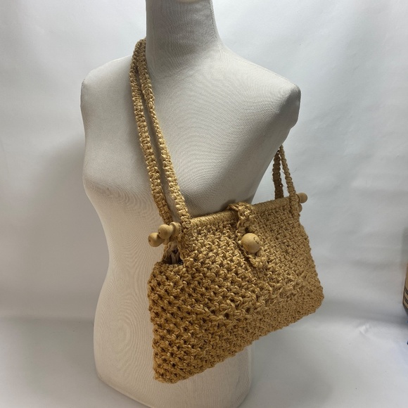 Vintage Kathy McKeany Natural Jute Macrame Handbag Purse Lined Columbia Boho - Picture 6 of 10